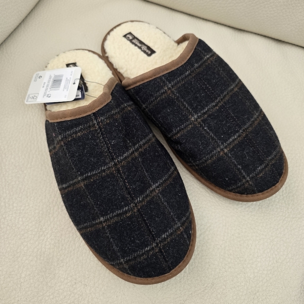 Wind River Black Brown Plaid Memory Foam Shepra Lining Slippers Size 12